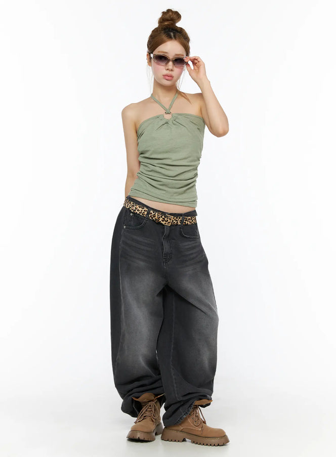 Ben Washed Wide Leg Jeans CL501 Black full-body front shot on model styled with green halter top, leopard belt, bun updo, sunglasses, and tan boots