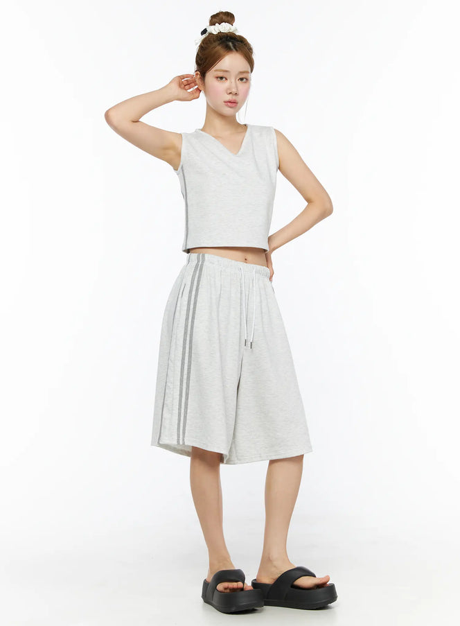 LEWKIN Tank Top and Track Shorts Set CL501 Light gray full-length front model shot, S/M, sleeveless V-neck crop top with wide-leg shorts, black platform sandals
